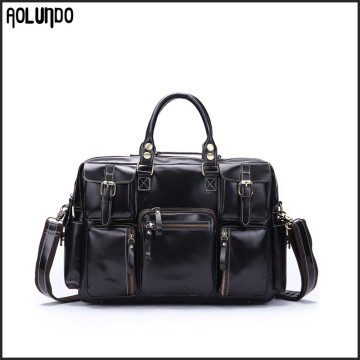 Wholesale weekend bag mens genuine leather black travelling duffle bag