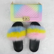 Ladies summer 100% fox raccoon fur slide ladies furry home slippers frosted color jelly bag fashion comfortable beach shoes set