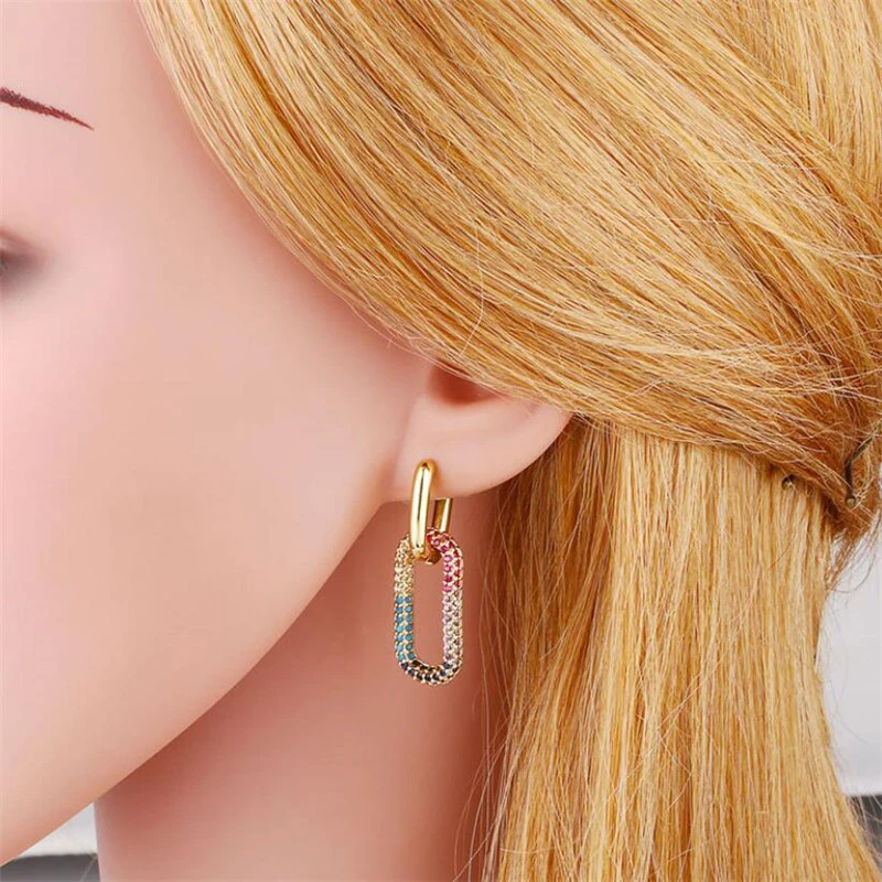 Wholesale Gold Heart Hoop Earrings Women CZ Cubic Zirconia Jewelry Gifts Multicolor Rectangle Huggie Earrings