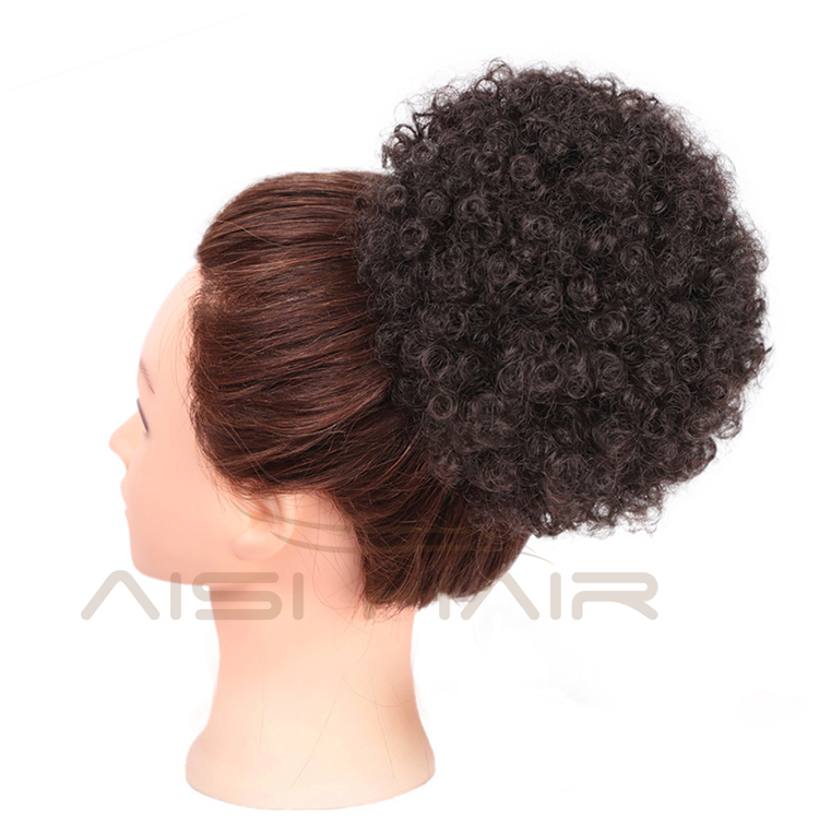 Aisi Hair Color 4# Short Kinky Fluffy Synthetic Hair Bun Ponytail Afro Short Puff Curly Chignon Hair Extension For Black Women