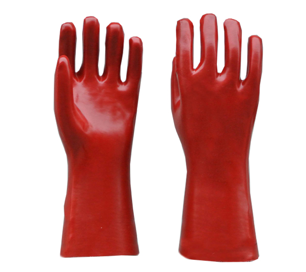 Guantes de PVC rojo con revestimiento interlock de acabado liso de 14 &quot;