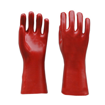 Guantes de PVC rojo con revestimiento interlock de acabado liso de 14 &quot;