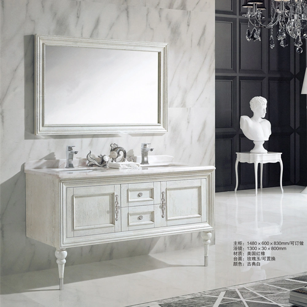 French Style Oak Furniture Wood Double Marble Sink Vanity