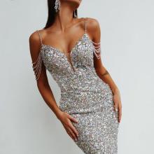 Sleeveless V Neck Sequined Dress For Celebrities