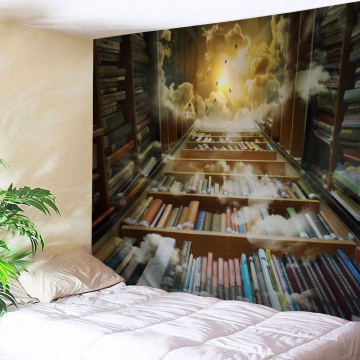Bookshelf Backdrop Tapestry Vintage Bookrack Library Leading to The Sky Wall Hanging College Study Room