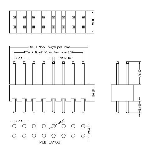 2.54 mm Pin Header Dual Row Straight Type H4.3 PHES05-XXD