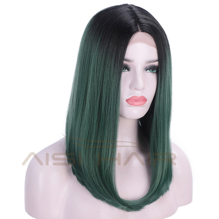 Aisi Hair Synthetic Silky Straight Lace Front Wigs Ombre Green Middle Part Lace Front Cosplay Bob Wigs for Women