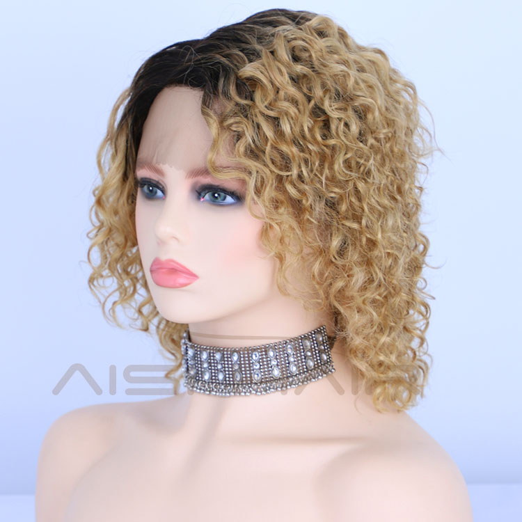 Aisi Hair Short Bob Ombre Blonde Curly Wave Swiss Lace Wigs Brazilian Hair For Black Women Lace Front Human Hair Wigs