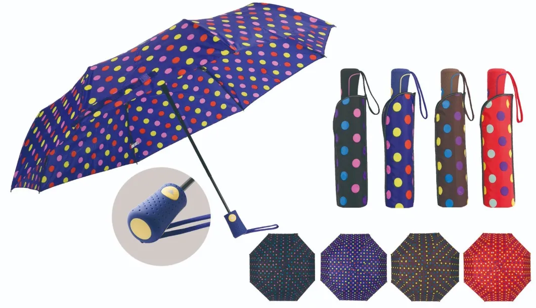 3 Folding Auto Open Rain Umbrella for Lady/Fashion Multicolor Umbrella with Dots Printing