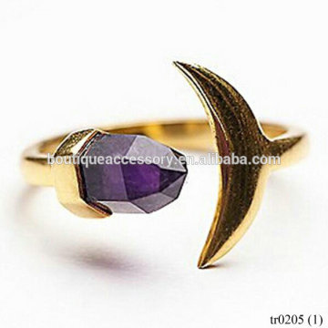 Crescent Moon Natural Purple Stone Open Ring Finger Fashion Jewelry Ring