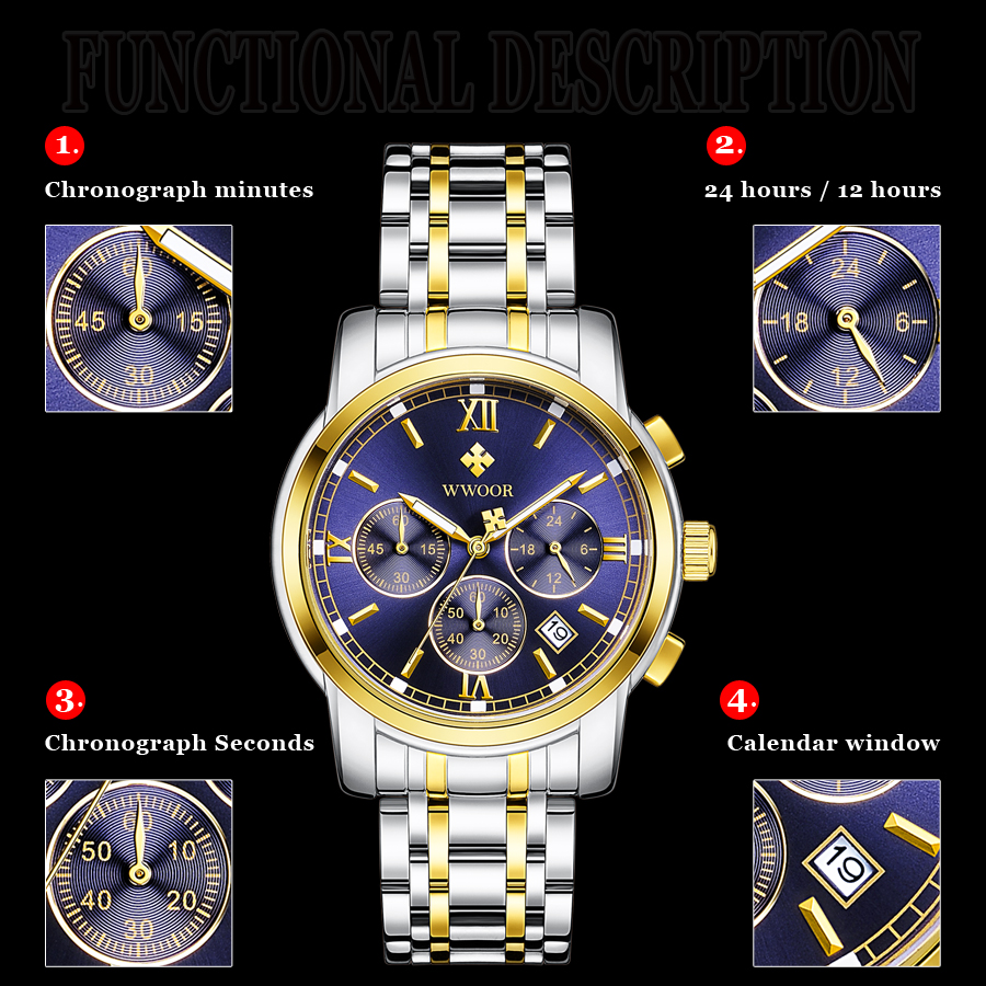 WWOOR 8864 Custom Design Watches Three Eyes Alloy Quartz Waterproof Men's Watches Factory online shopping