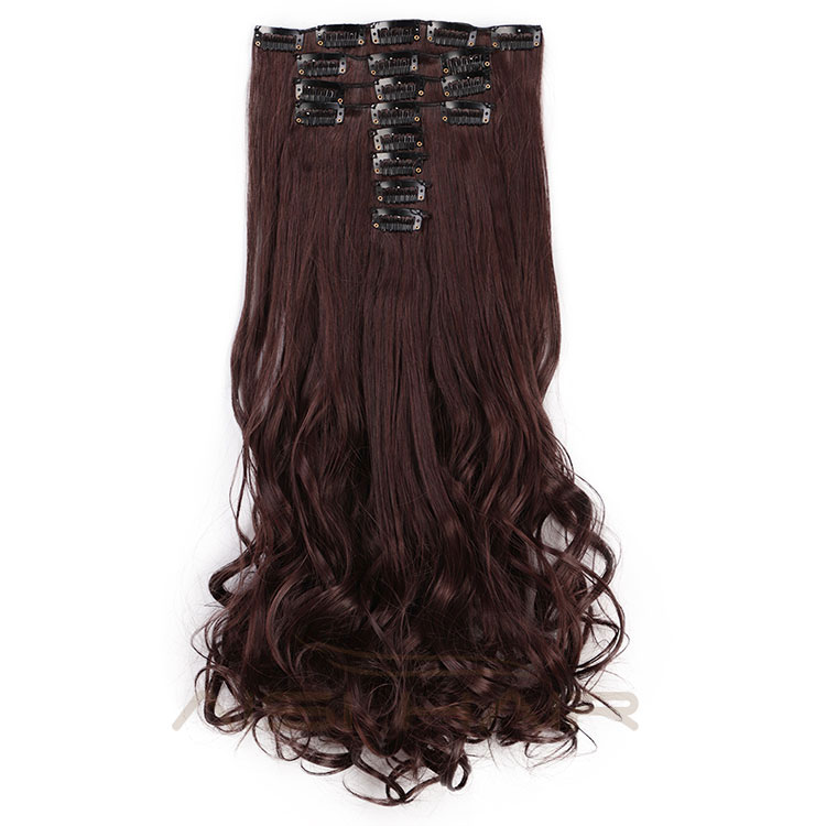 Aisi Hair Synthetic 8 Pcs Full Head Long Wavy High Temperature Fiber 18 Clips In Hair Extensions Brown Hairpieces For Women