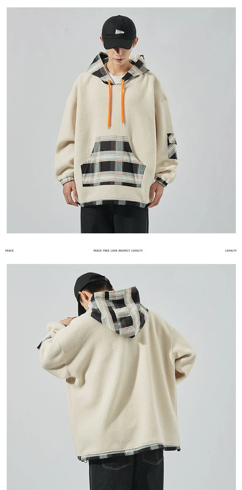 Loose Youth Warm Lamb Wool Casual Stitching Hoodie