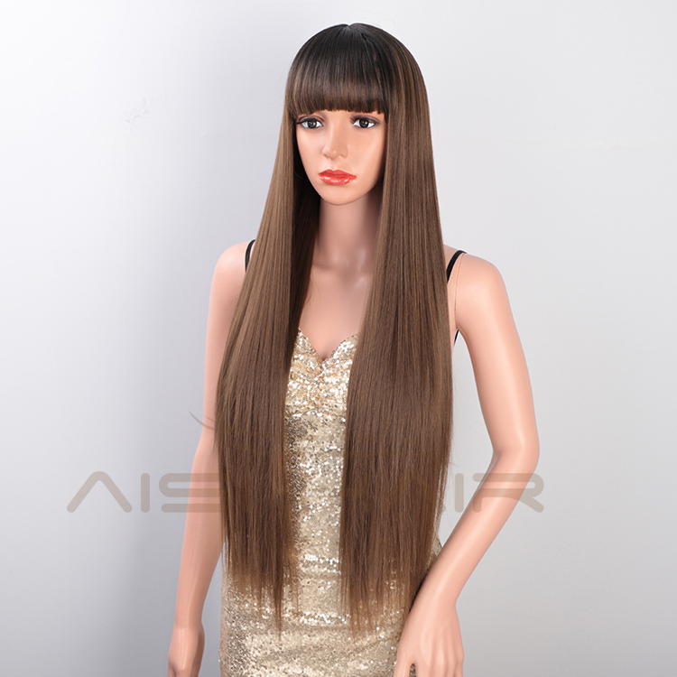 Aisi Hair Wholesale Cheap Vendor Long Silky Straight Wave Ombre Brown Wig With Bangs For Black Women Synthetic Hair Wigs