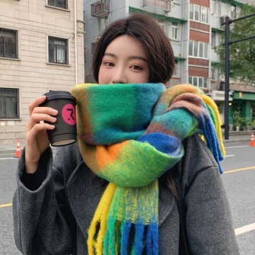 Rainbow Plaid Scarf for Women - Autumn/Winter Mohair Shawl with Tassels