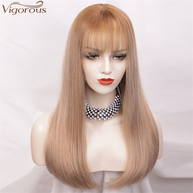 Vigorous Natural Looking Wigs for Women 22 Inches Long Straight Synthetic Mixed Blonde Wigs with Flat Bangs High Temperature