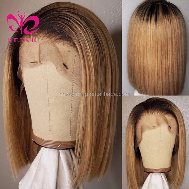 Ombre Highlight Wig 13x4 HD Transparent Lace Front Wig Straight Bob Wig Brown Honey Blonde Short Bob