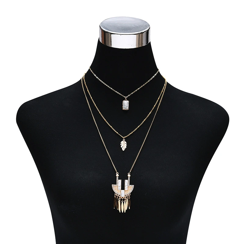 Simple Multi-Layer Bohemian Natural Stone Leaf Alloy Pendant Necklace