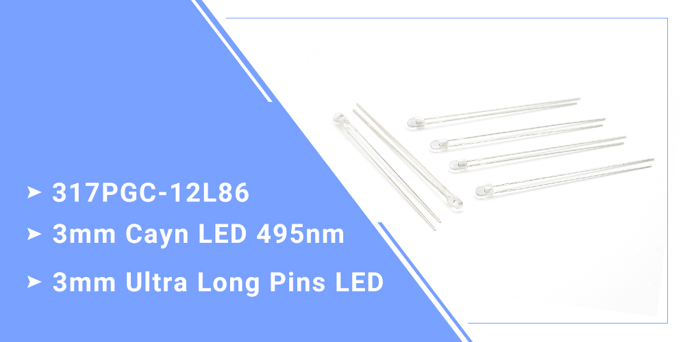 Size of 317PGC-12L86 3mm 495nm 500nm Turquoise LED Long Leg 3mm super long pins LED