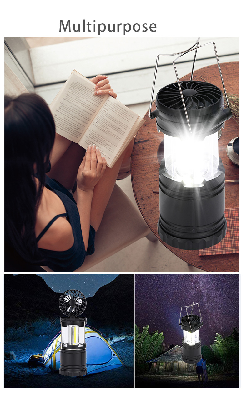 LED Multi Function 2 in 1 Collapsible Rechargeable Camping Light for Emergency Camping Tent Fan Lantern With Hanging Hook