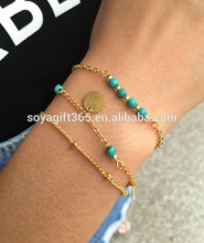 Three Layered Tassel Chain Simple Bracelet Turquoise Beaded Round Sequined Charm Bracelet