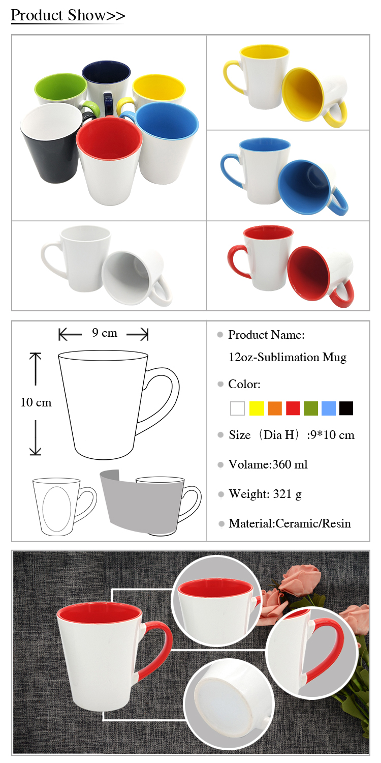 Factory Price 12oz Funnel Shape Red Handle sublimation Ceramic Mug