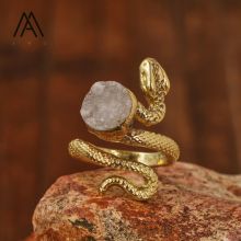 Classic 18K Gold Plated White Quartz Snake-Shaped Adjustable Rings with Clear Quartz