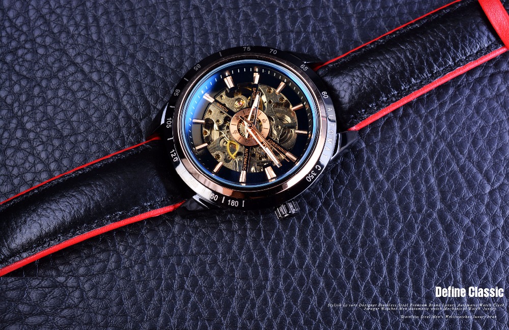Top Brand Luxury Mens Forsining Motorcycle Design Transparent Genuine Strap Waterproof Skeleton Men Automatic Watches Clock