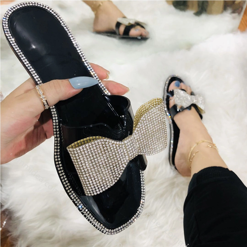 Rhinestone Women Flat Beach Slippers Newest Summer Bow Glitter Crystal Jelly Sandals