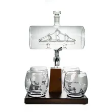 Sailing Ship Themed Etched World Map Glass Set with Whisky Decanter