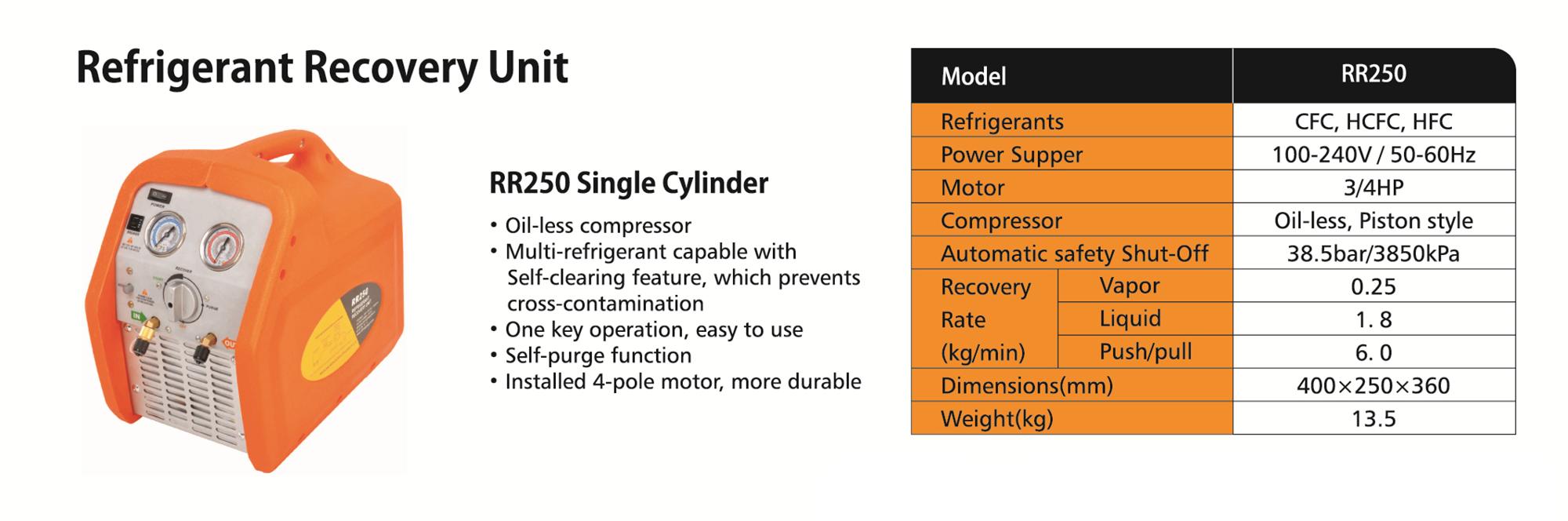 HVAC Air Conditioner Single Cylinder Gas Refrigerant Recovery Machine AC Recovery Machine RR250