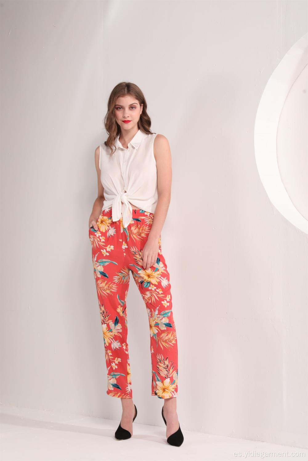 Pantalones de tobillo con estampado floral tropical para mujer