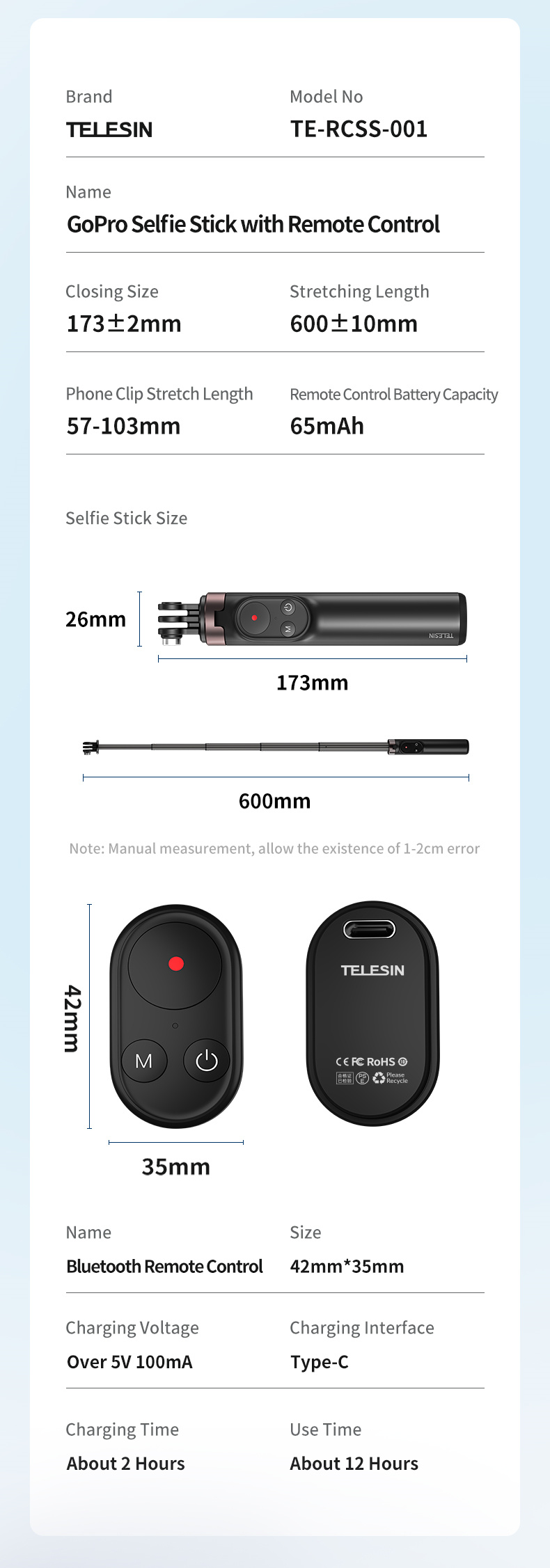TELESIN WiFi Remote Control suitable for GoPro Hero 10 9 Max Hero 8 7 6 5 4 3 Black Hero 4 Session sports camera accessories