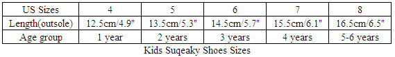 Saiz Kasut Silikon Kanak-kanak Kids Squeaky Shoes Sizes