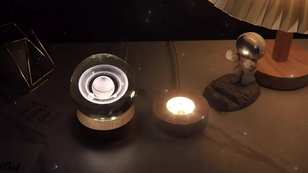 Star Planet Crystal Ball Night Light with LED Wooden Base Lamp
