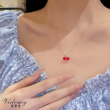 Elegant Red Crystal Cherry Pendant Necklace for Women