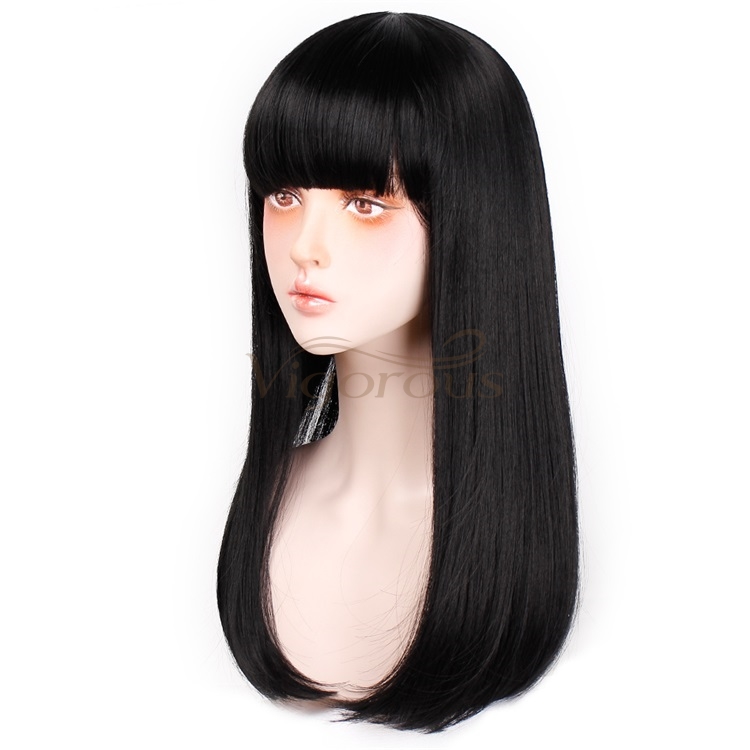 Vigorous 24" Long Straight Wig with Bangs Heat Resistant Synthetic Hair Wigs for White Black Women Cosplay