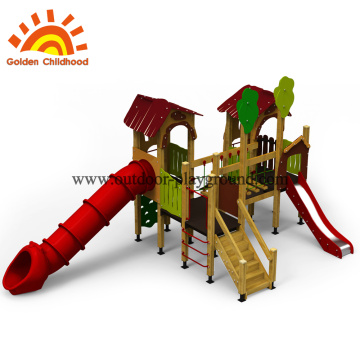 Slide kayu playhouse luar ruangan untuk anak-anak