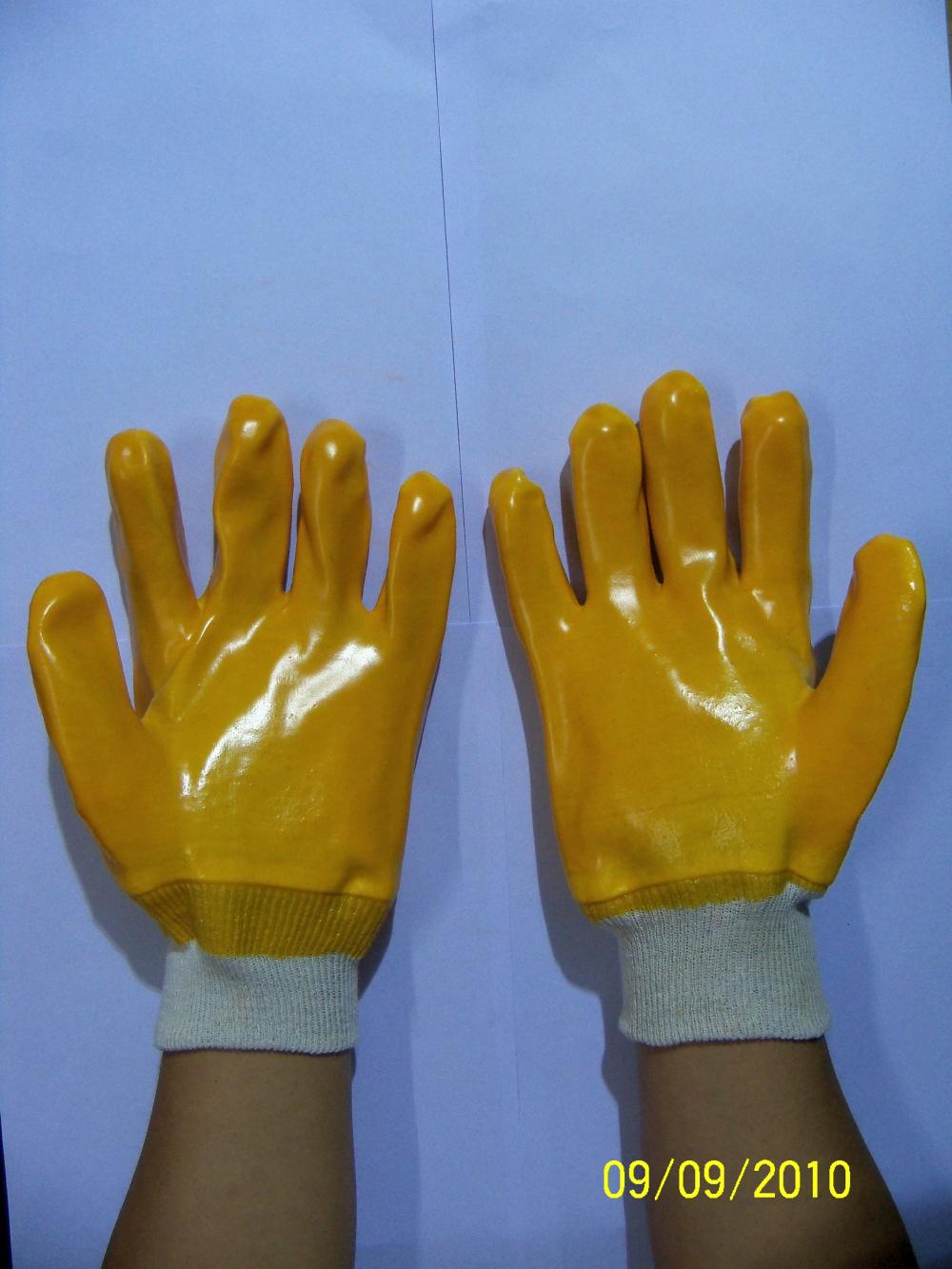 Yellow PVC single dipped gloves with knit wrist