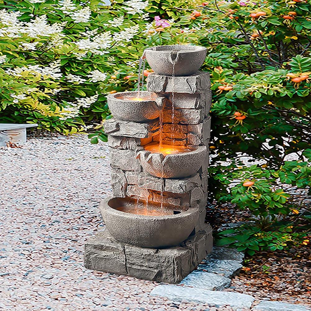 Bowls Tiered Floor Stacked Stone Waterfall Fountain