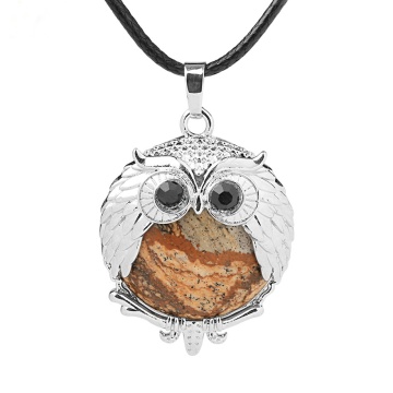 Picture Jasper 24mm Beads Silver Owl Pendant Necklace 45cm Black Cord