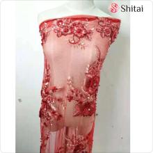 Red tulle embroidery fabric with pearls&beads