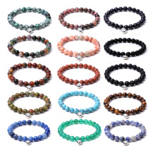 Natural Stone 8mm Round Beads Stretch Bracelet Gemstone Beads With Silver Heart Pendant Charm Elastic Bracelet Bangle For Couple