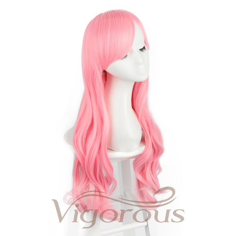 Inclined Bangs Heat Resistant Natural Wholesale Cheap Price Pink Crazy  Long Body Wave Cosplay For Party Synthetic Wigs