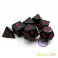 Ensemble de dés de polyèdre de Bescon Noir opaque avec chiffres rouges, jeu de points RPG noirs de 7 d4 d6 d8 d10 d12 d20 d% Boîte de brique