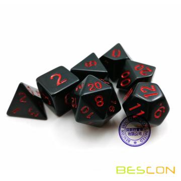 Bescon Polyhedral Würfel Set Opaque Schwarz mit roten Zahlen, Schwarz RPG Würfel Set von 7 d4 d6 d8 d10 d12 d20 d% Brick Box Pack