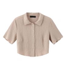 Woven Brown Crinkle Short Sleeve Button Down Shirt