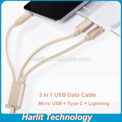 Durable Nylon Fabric Plated USB Type C Charger Cable For iPhone and Android 3 in 1 USB Type C Charger Cable