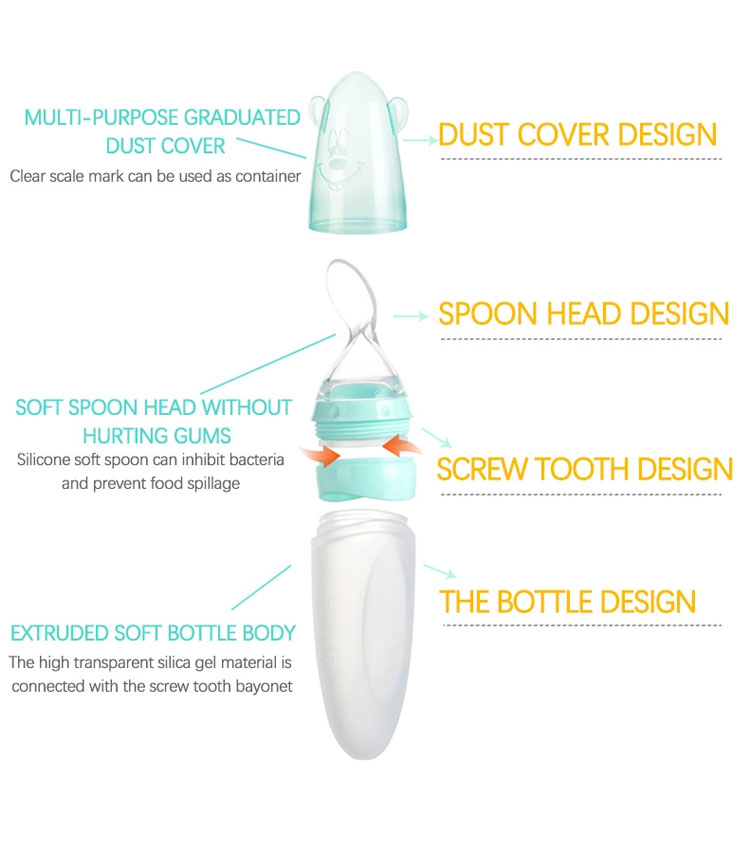 90ml Squeeze Baby Spoon Feeder Food Grade Silicone Baby Feeding Bottle With Spoon