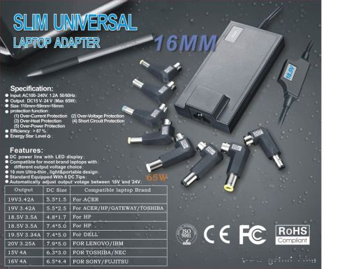 65w Ac100 - 240v Slim Laptop Charger Universal Adaptor With Led Display